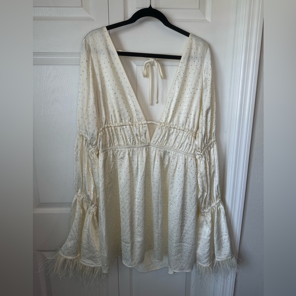 Ivory WeWoreWhat Feathered Mini Dress jeweled open back sz.XL Like New - Picture 4 of 7